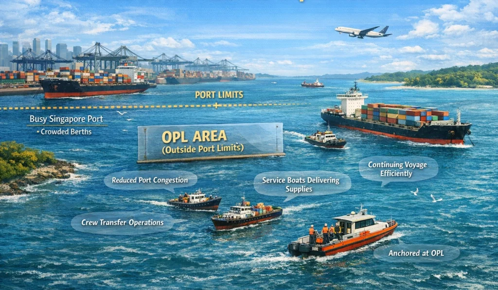 Out of Port Limits Explained OPL, or Out of Port Limits, refers to designated offshore areas outside Singapore’s main port where vessels can legally anchor and receive services without going alongside a berth. These areas are heavily used due to Singapore’s high vessel traffic and limited berthing availability. OPL allows vessels to: Minimise port congestion Receive essential services efficiently Continue voyages without unnecessary delay Because Singapore handles an exceptionally high volume of vessel movements each year, OPL has become a standard operational solution rather than an exception.
